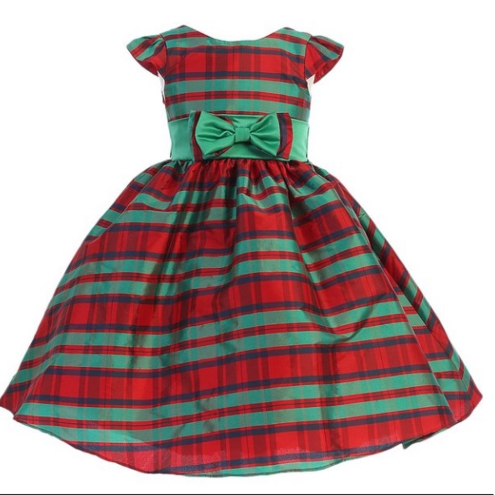 Red & Green Stripe Cap Sleeve Taffeta A-line Dress